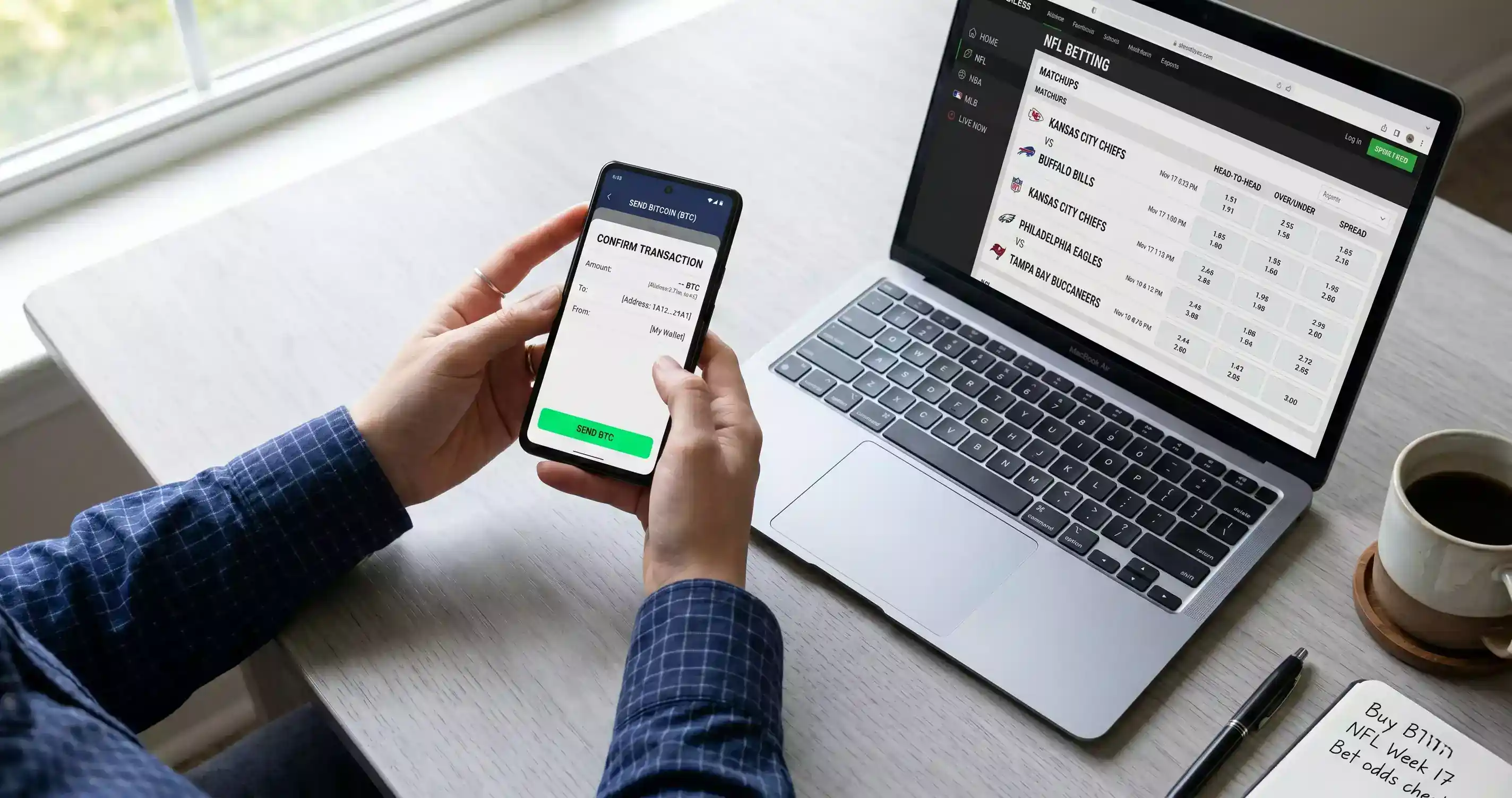Person using a smartphone to deposit Bitcoin at an NFL crypto sportsbook with a wallet app open