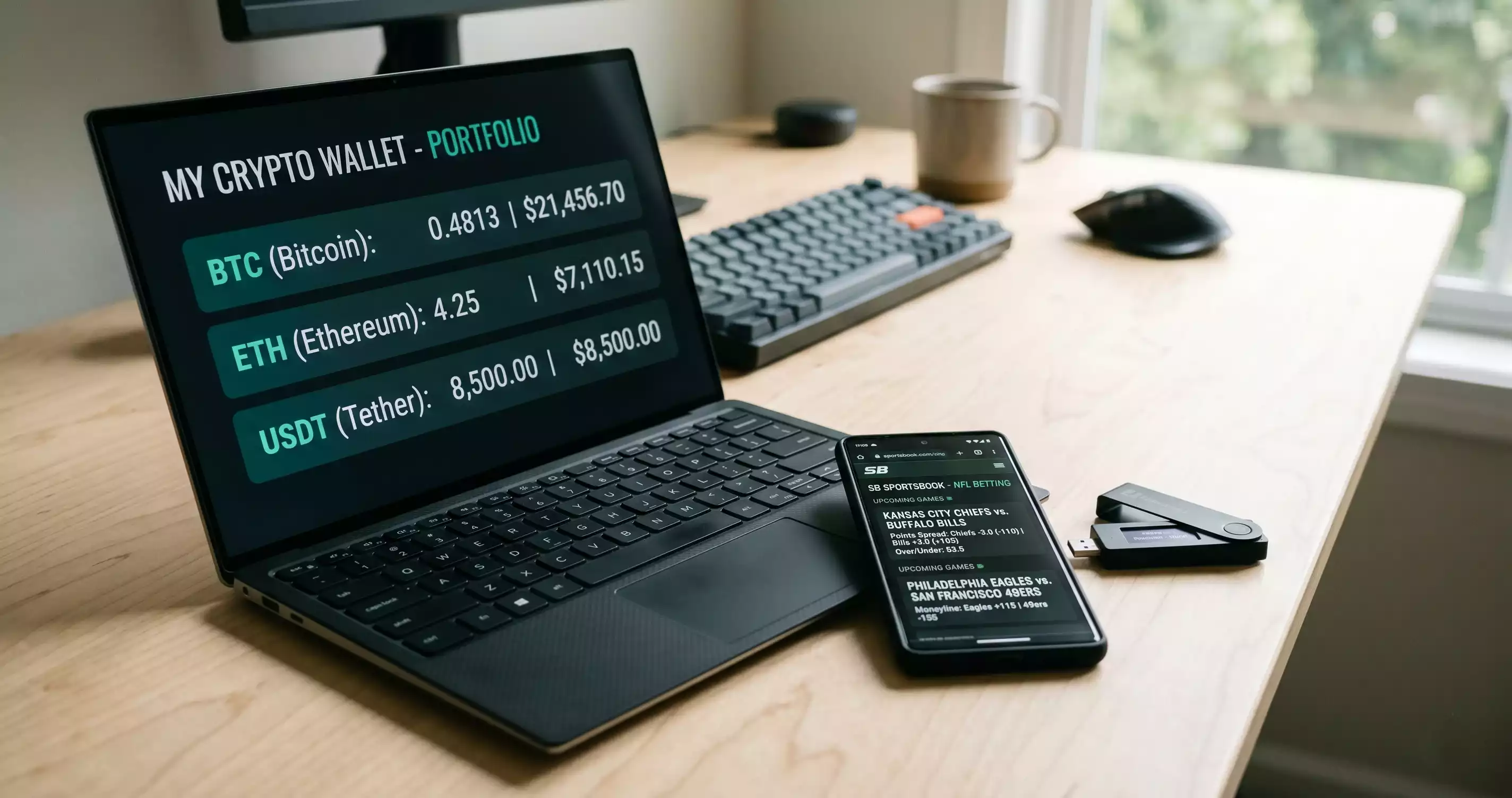 Laptop screen displaying a crypto wallet alongside an NFL sportsbook with spread and moneyline markets