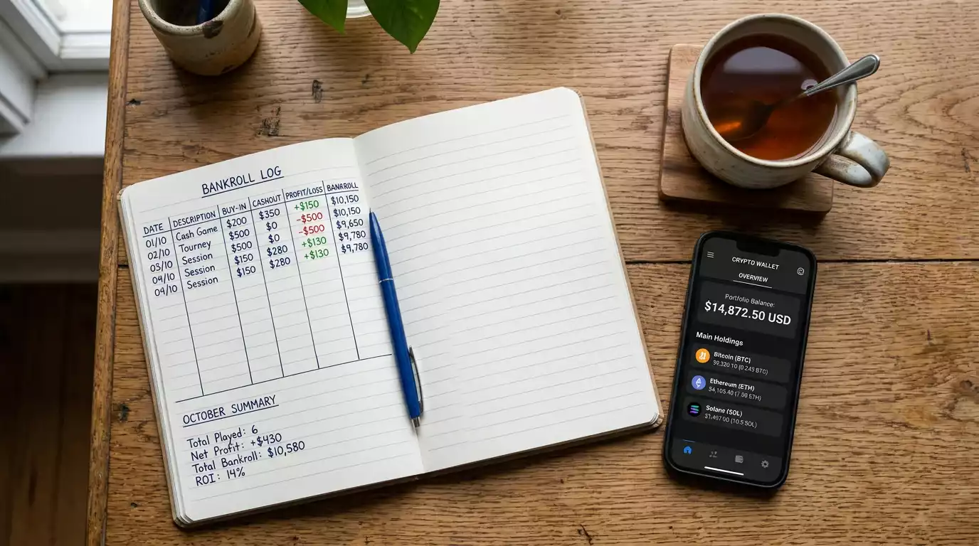 Notebook with handwritten bankroll tracking notes next to a smartphone showing a cryptocurrency wallet balance