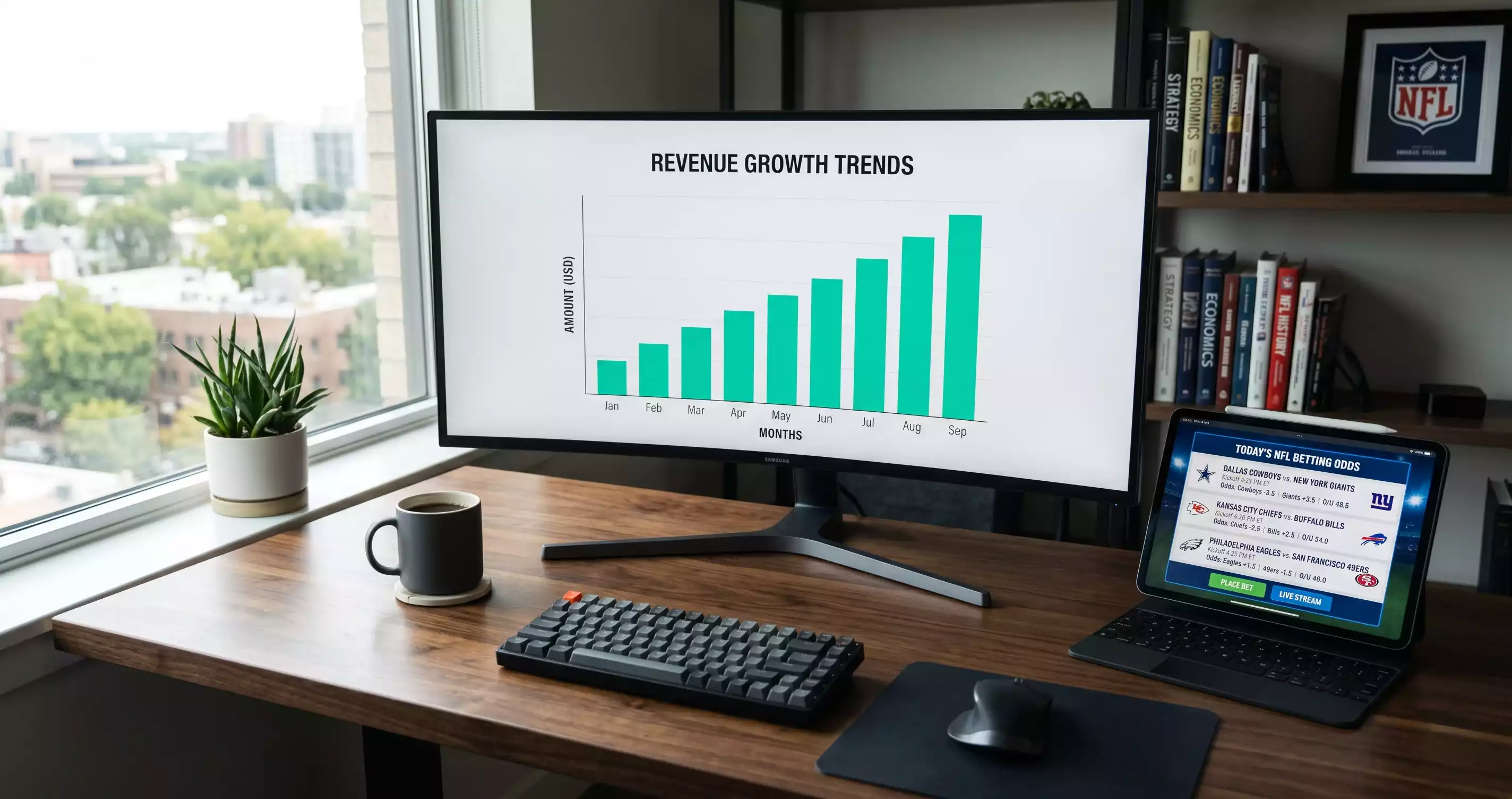 Crypto sportsbook interface showing NFL betting market growth and wagering volume statistics