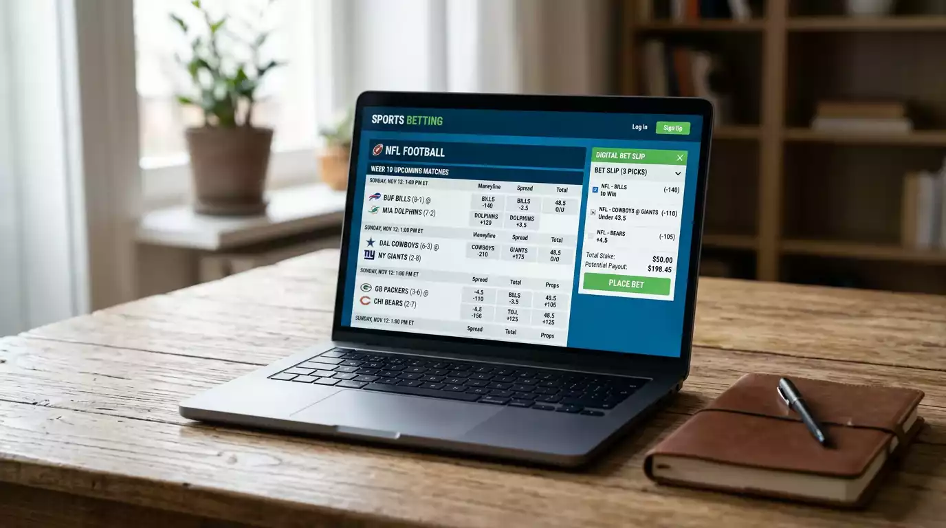 Laptop screen displaying a sports betting interface with NFL game odds and a betslip on a desk