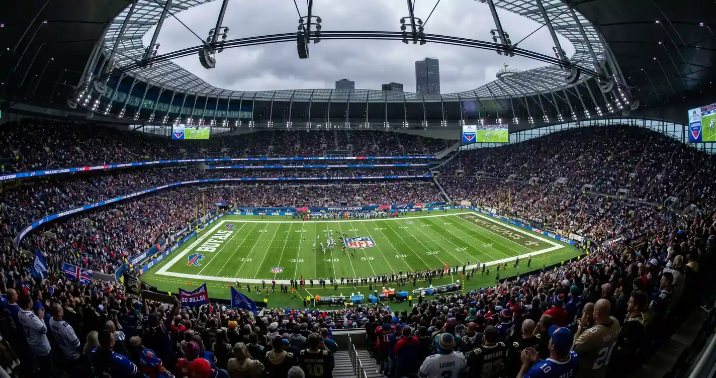 Packed stadium crowd at an NFL International Series game in London with fans wearing American football jerseys