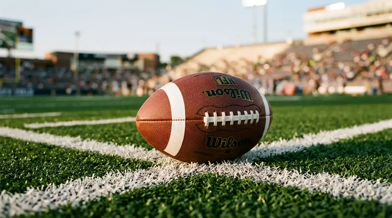 Close-up of a football on an American football field with white yard-line markings visible on green turf