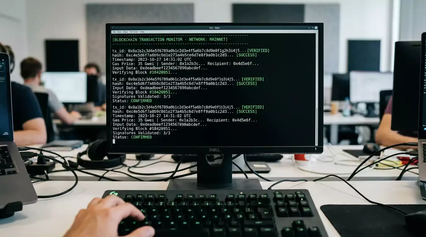 Computer monitor showing blockchain transaction data with hash codes and verification details